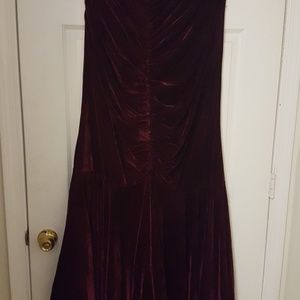 Maroon red gown with lace collar and sleeves